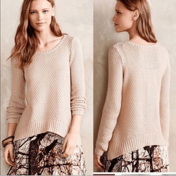 ANTHROPOLOGIE Moth Sweater Woman's Size Large Tan Shark Bite Hem Long Sleeve - Picture 1 of 12